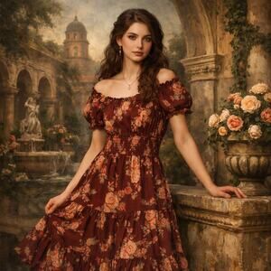 Trixxi Renaissance Off Shoulder Tier Maxi Dress M Burgundy Floral Bridgerton